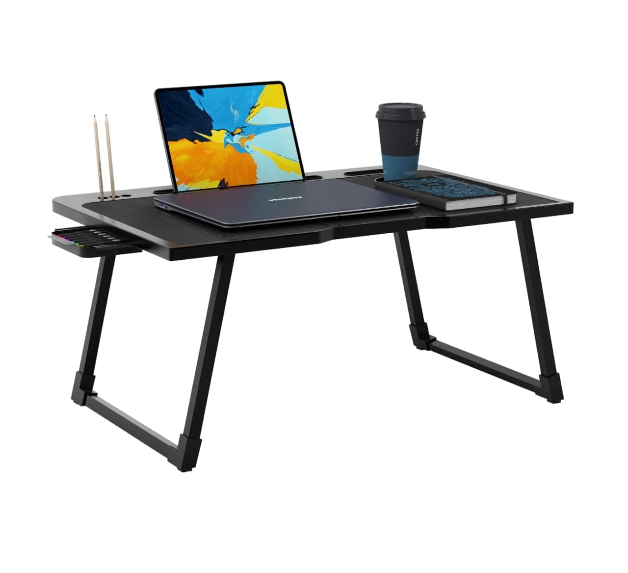 Cubiker Engineered Wood Multipurpose Foldable Lapdesk with Cup Holder | Table Home Study Writing Table, Foldable and Portable/Ergonomic Edges (Black - 60[L] X 40[W] X 24[H] Cm)