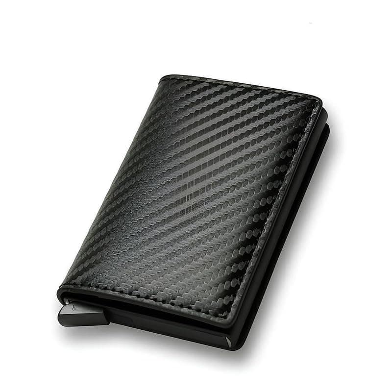 VOGARD Men's Genuine Leather Wallet | RFID Blocking Aluminum Automatic Pop Up Credit Card Holder Case | Holds up to 9 Cards (24 Carbon Black)