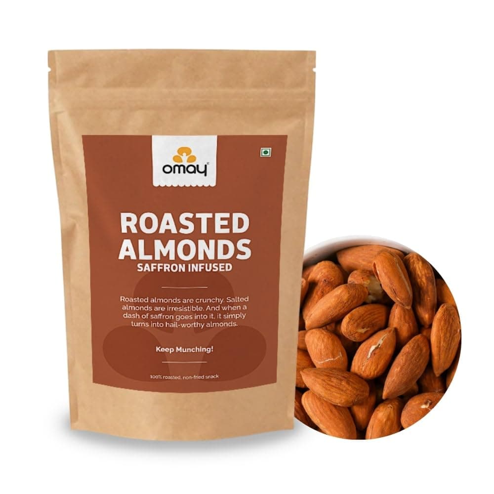 Omay Foods Saffron Infused Roasted Californian Almonds, 400g | Premium Badam | Cooked in Salt, Zero Oil | Non Fried | Whole Salted Almonds | No Palm Oil | Protein Rich | Healthy dryfruit Snack