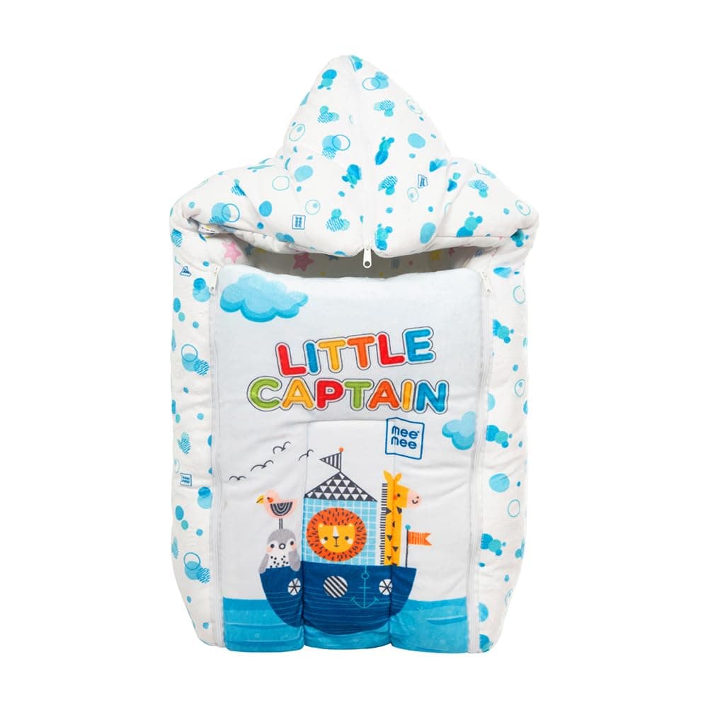 Mee Mee 3 in 1 Baby Bed, Sleeping Bag & Carry Nest, Animal Print, Shearing Finish & Cotton Soft from Inside, Machine Washable & Portable Bassinet, 0M+, Blue