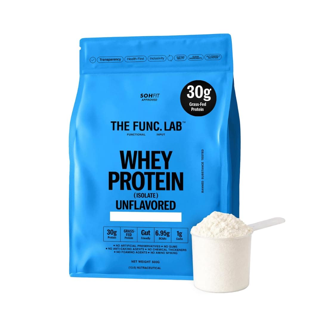 The Func. Lab Whey Protein Isolate - Unflavored | 500g | Grass‑Fed, 30g Protein, 6.95g BCAA per Scoop | High Protein Supplement for Muscle Growth, Digestion and Absorption Support