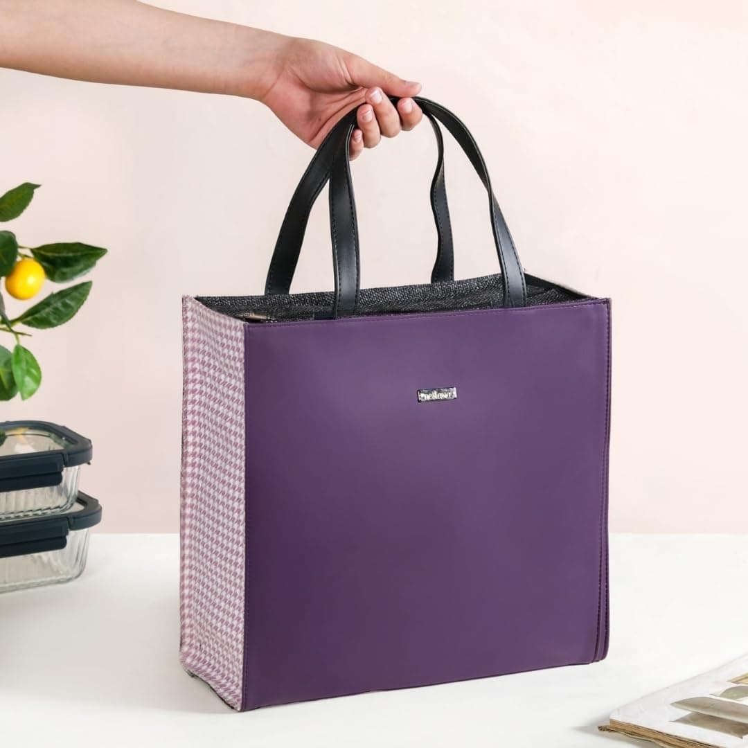 Nestasia Jute Lunch Bag for Office (31.5 cm x 13 cm), Eco - Friendly Reusable & Water-Resistant Tiffin Bag for Men & Women | Stylish Tote with Bottle Strap, Inside Pocket & 2 Sturdy Handles (Purple)