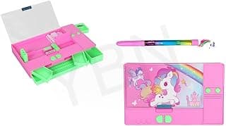 YBN Plastic Big Size Multifunction Unicorn Theme Jumbo Pencil Box for Kids Girls, Push Button Pencil Box for Girls, Return Gifts for Kids (Random Design) - with Free 1 Unicorn Glitter Pen