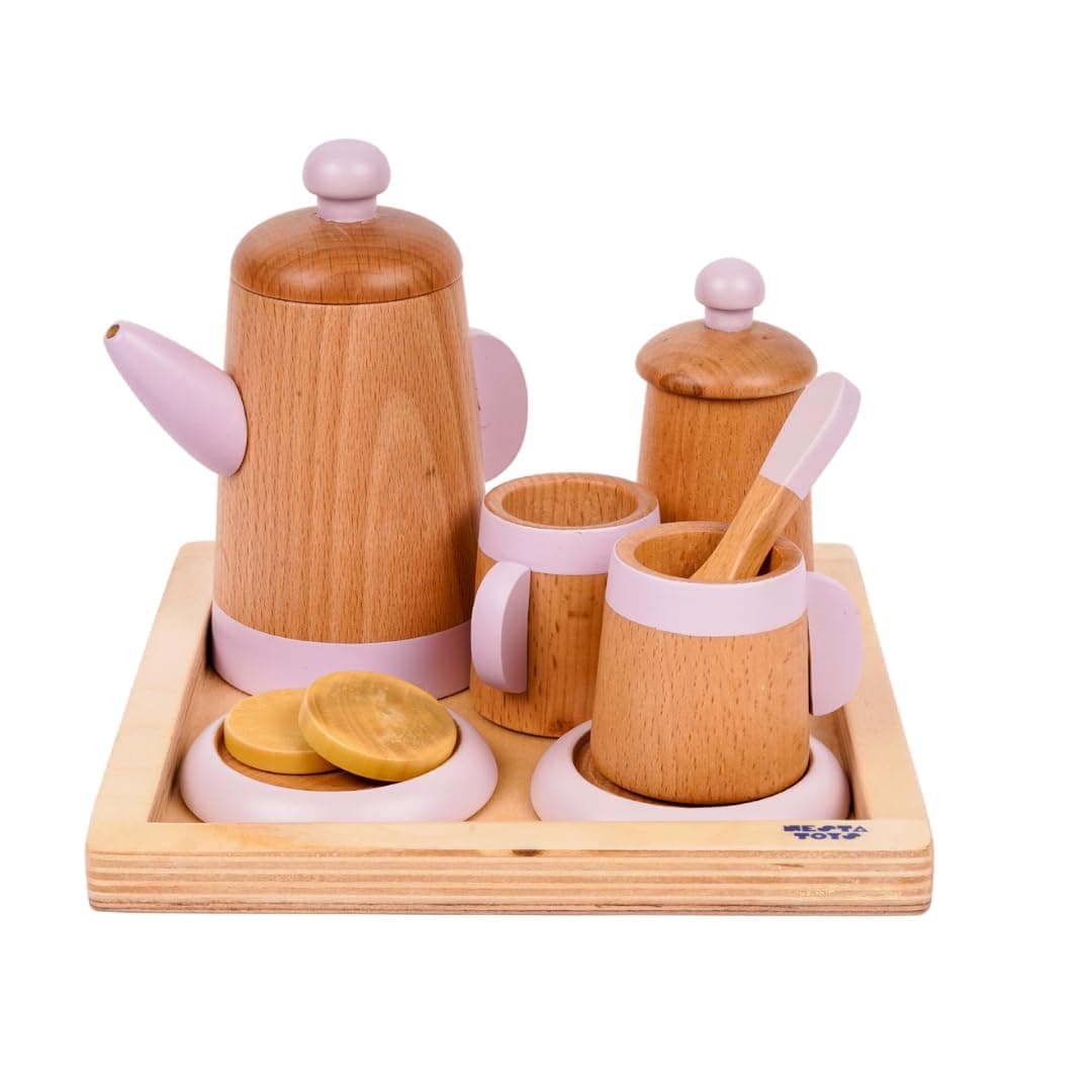 NESTA TOYS Wooden Tea Set Toy (10 Pcs) | Kettle, 2 Cups & Saucers, Wooden Cookies, Sugar Pot & Serving Tray | Pretend Play Tea Party | Non-Toxic Pastel Wood | Gift for Boys & Girls Ages 3+