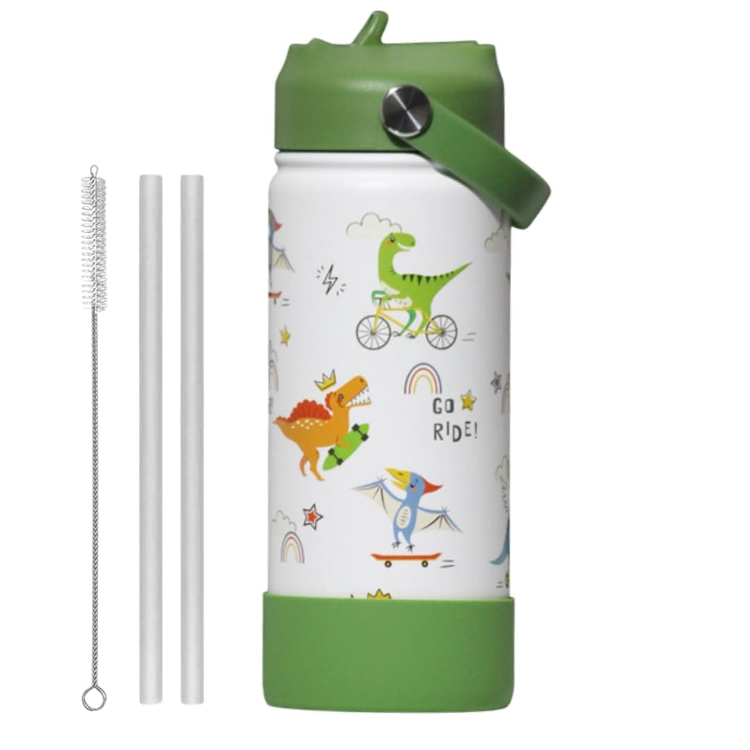 TOM & BELL Insulated Water Bottle for Kids 500ml,Double Wall Water Bottle for School, Sipper Bottle,Hot and Cold, Premium 304 Stainless Steel (Dinosaurs, 500ml)