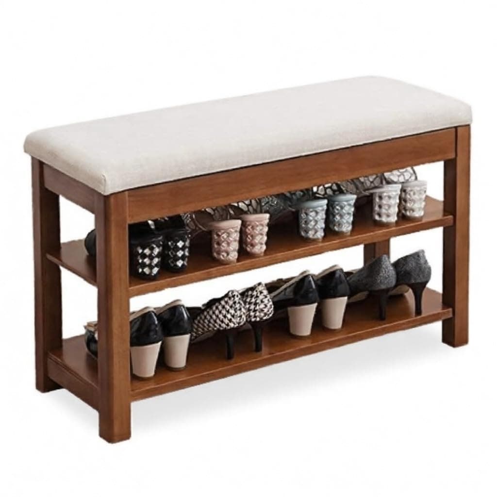 OGESTA Premium Sheesham Wood Shoe Rack with Upholstered Bench - 2-Tier Solid Wood Entryway Shoe Organizer - Durable Hallway Storage Bench for Living Room & Bedroom (Walnut, 24inch)