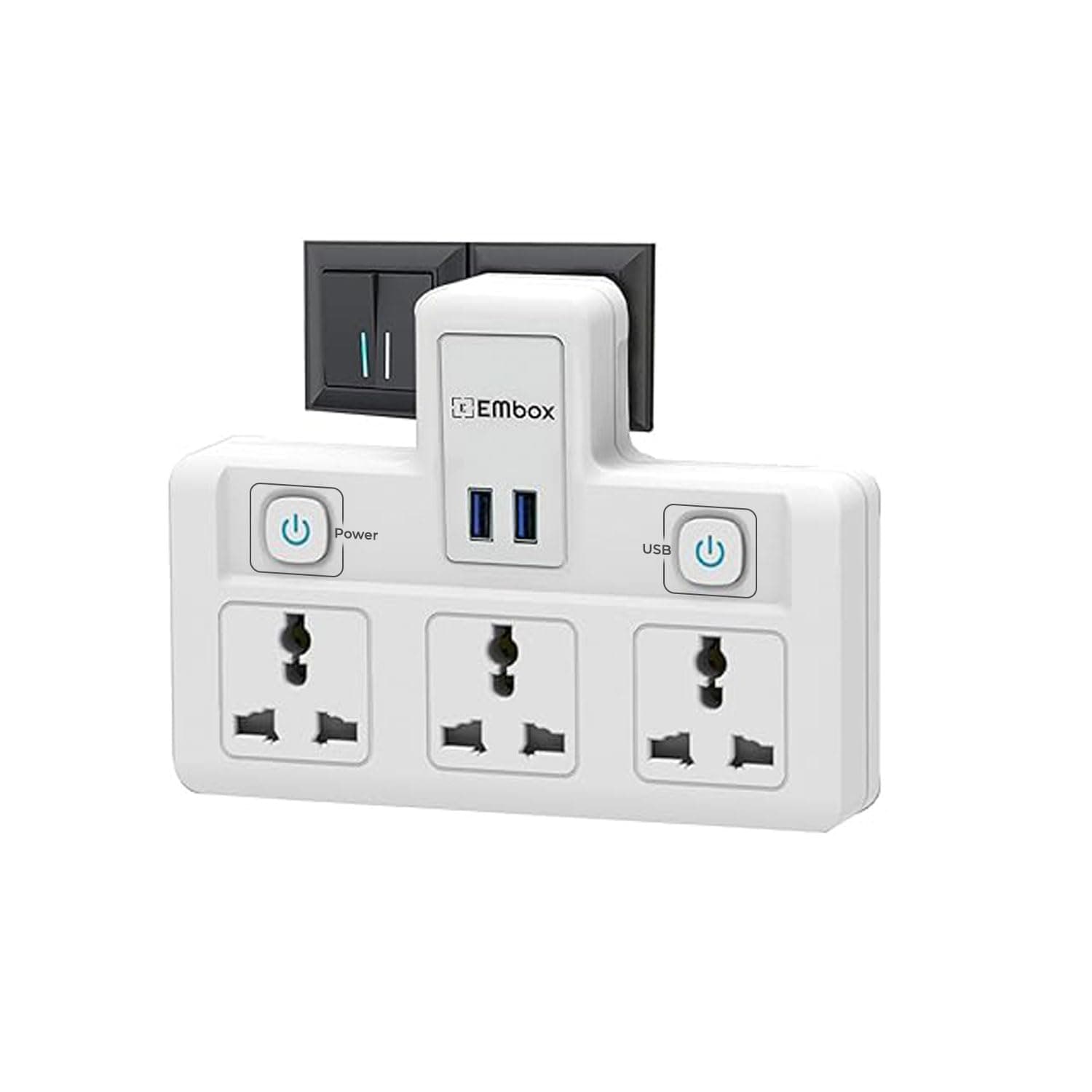 EMBOX Multi Plug Socket with Individual Switch-Cordless Extension Board with 3 Universal Sockets-Multiplug -1500W (3 Socket + 2 USB)