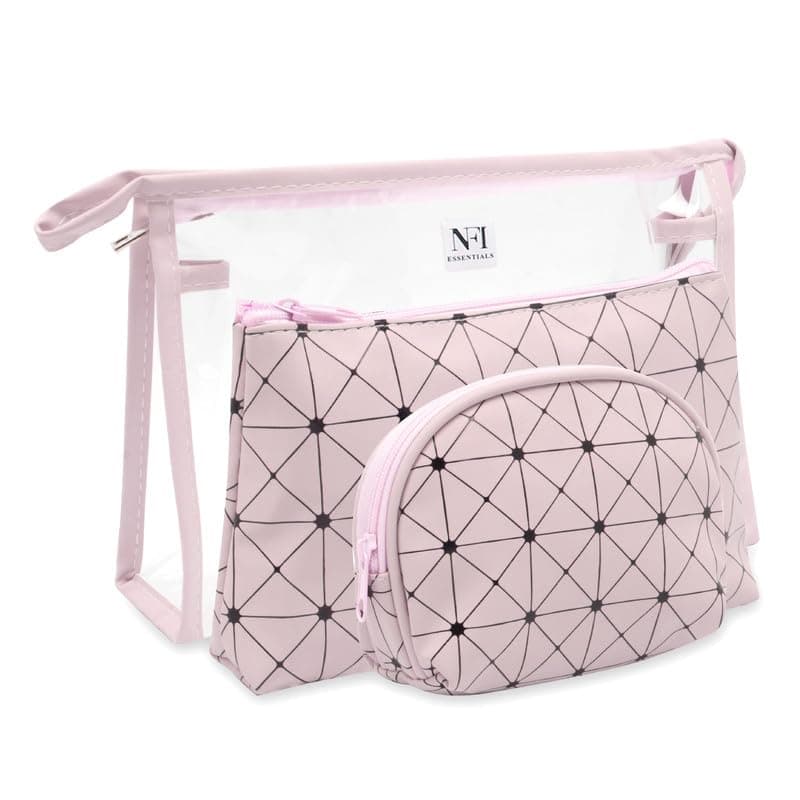 NFI Essentials 3 Pc Set of Makeup Pouch for Women, Large Clear Cosmetic Pouches, Pink Geometric PU Travel Toiletry Organizer Kit for Girls, Water-Resistant Transparent Vanity Case for Gifting (Pink)