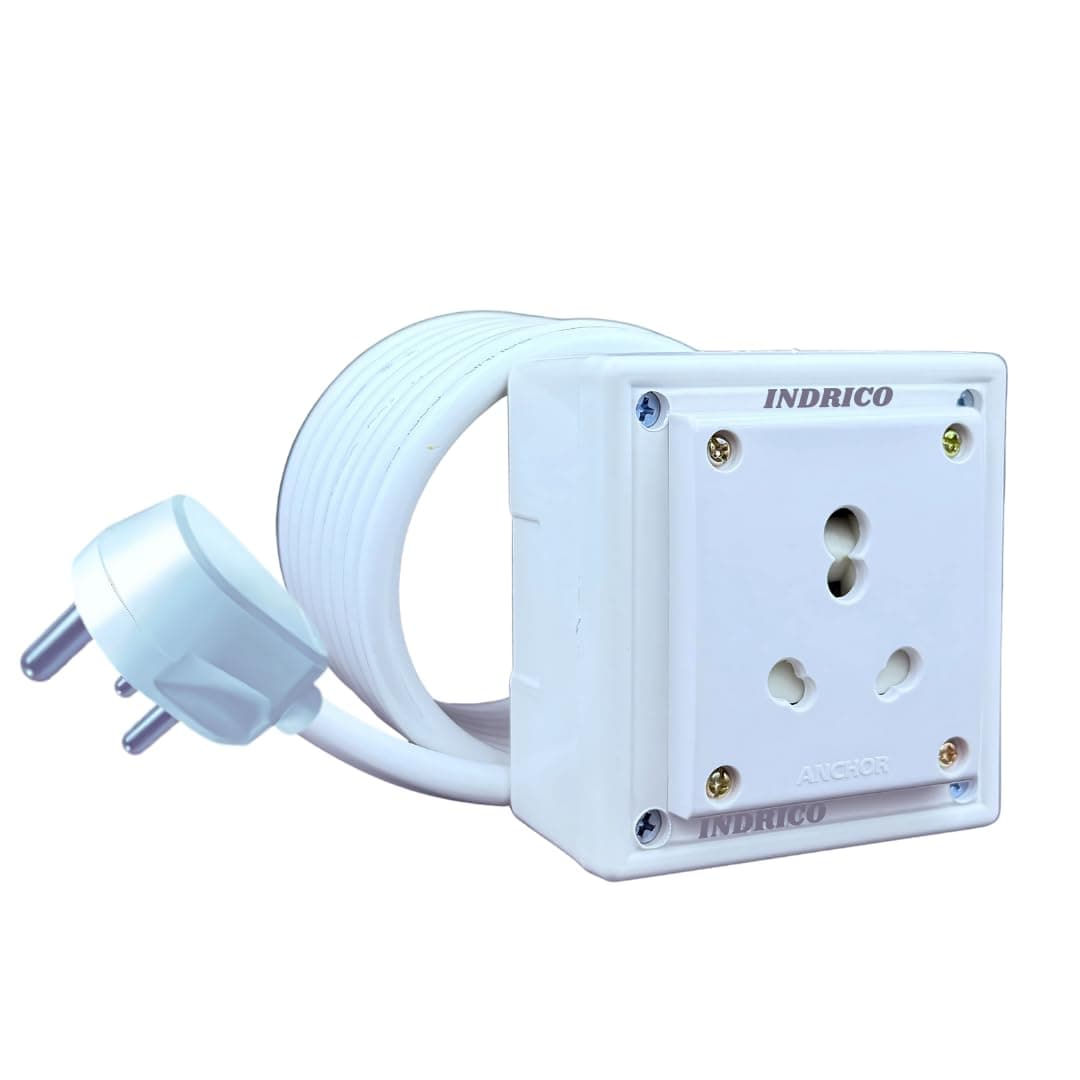 INDRICO Extension Board Heavy Duty 1 Socket 15A 16A 20A High Load Capacity 3000 Watts with 16A Big Plug PVC White (5 Meter), 220 Volts