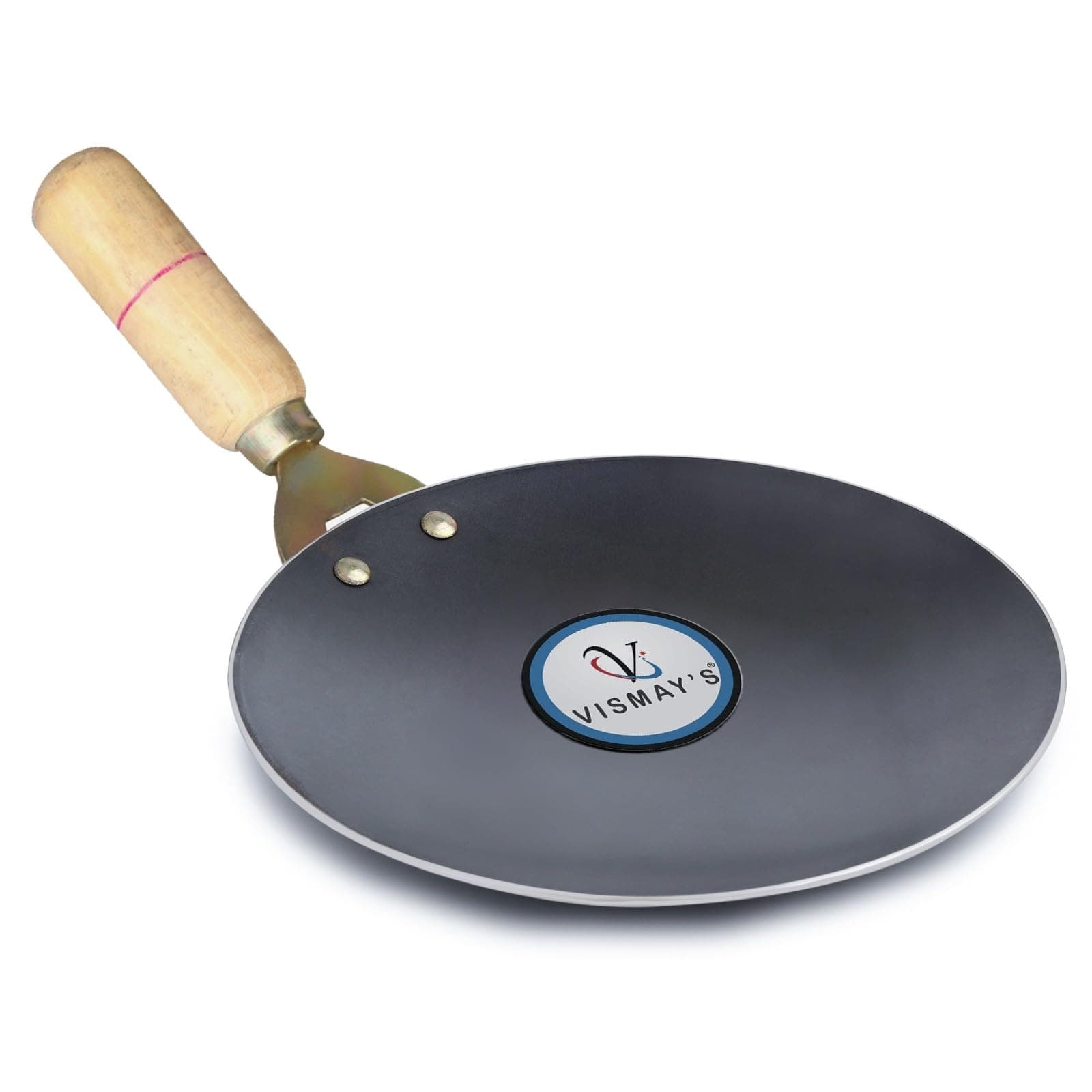 VISMAY'S Pure Iron Tawa with Unique Smooth Edges - First Time in India, Metal Spoon Friendly Induction Friendly, Strong Riveted Wooden Handle Perfect for Roti & Chapati Lohakhand/Loha Tava- 10 Inch