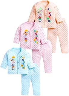 generic Baby Boy and Baby Girl Full Sleeves Soft Cotton Dress, Front Open Shirt with Pyjama Pants Jhabla for Kids Infant Toddler Casual New Born Baby Clothes Pack of - 3