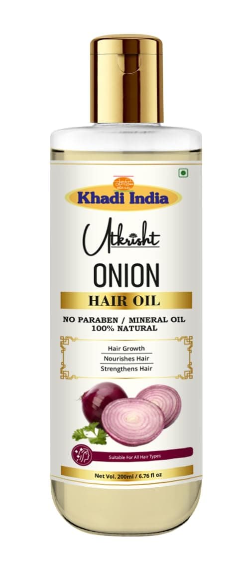 Utkrisht Khadi Onion Hair Oil 200ml | Pure & Natural Oil for Hair Growth, Dry & Frizzy Hair | Non Sticky, Paraben & Mineral Oil Free | For All Hair Types | Daily Use for Men & Women