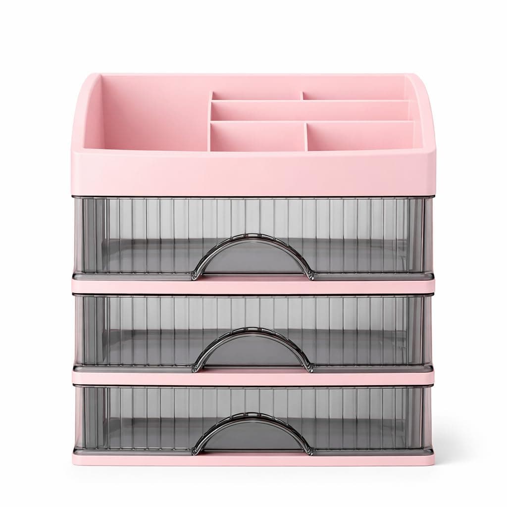 KREPS® Desk Makeup Organizer, Plastic Storage Box with Sliding Drawer, Stylish Display Case for Cosmetics, Lotion, Nail Polish,Brushes,and Jewelry (1 Pink, 3 - Layer)