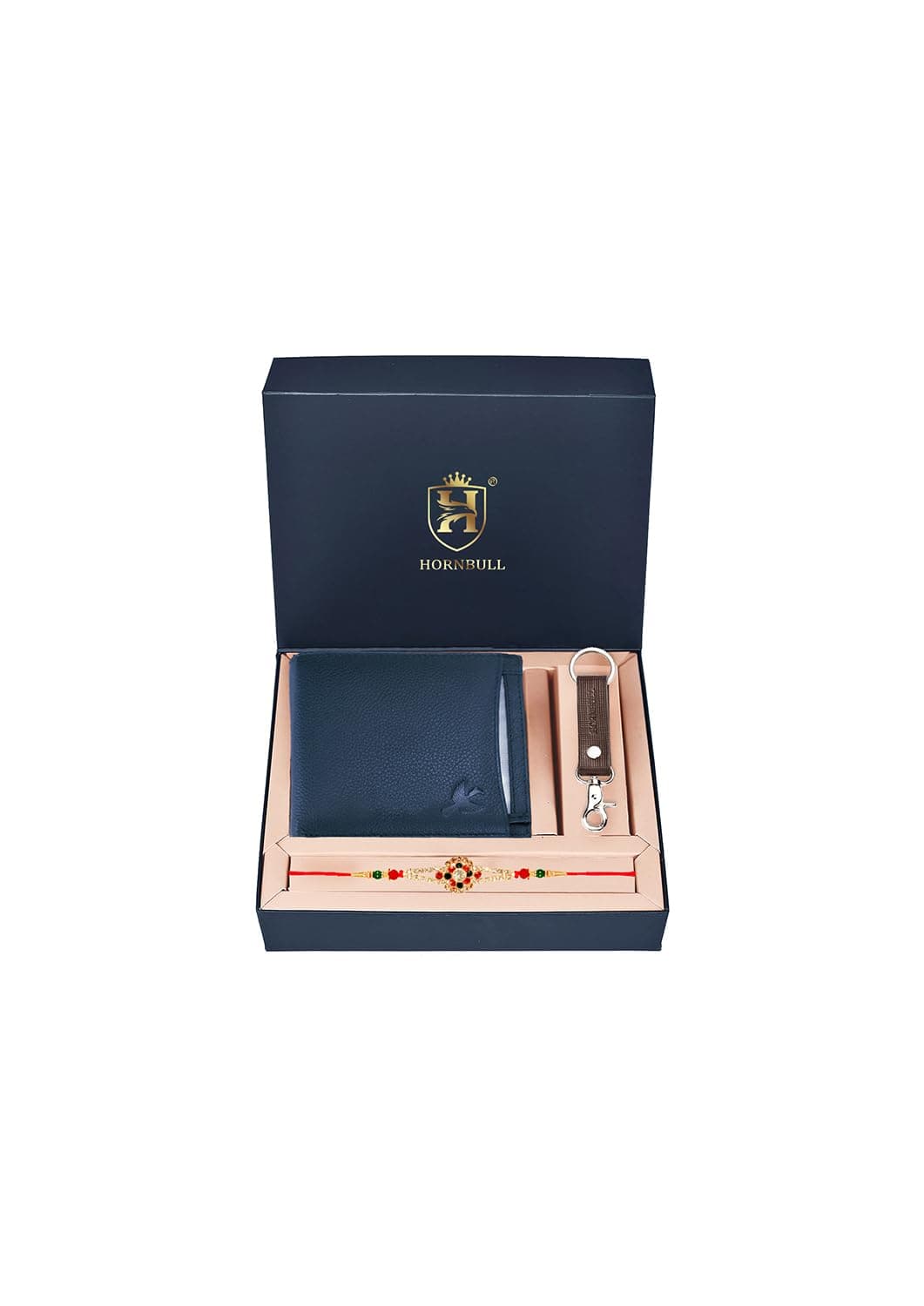 HORNBULL Rakhi Gift Hamper for Brother | Mens Leather Wallet Rakhi and Keyring Gift Hamper | Gift for Men (Navy1)