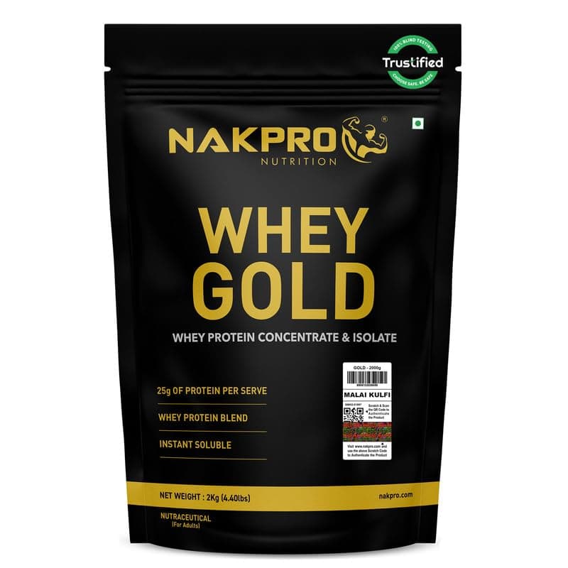 NAKPRO NUTRITION Gold Whey Protein Concentrate & Isolate 2kg Malai Kulfi flavour | 25.5g Protein, Trustified Certified