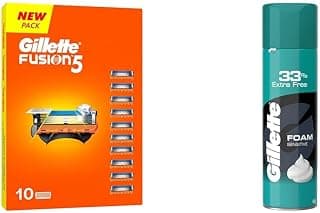 Gillette Fusion Shaving Blades- Pack of 10 (Cartridges) & Classic Sensitive Shave Foam - 418 g (33% extra)