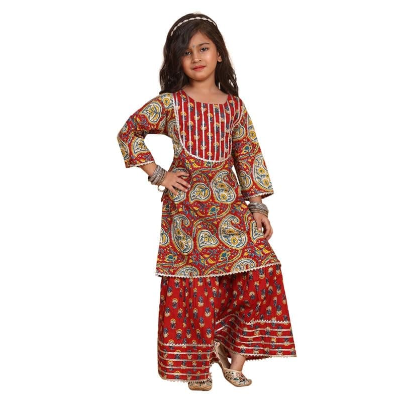 superminis Girls Cotton Floral Printed Work Full Sleeves Angrkha and Matching Sharara Ethnic Wear Set