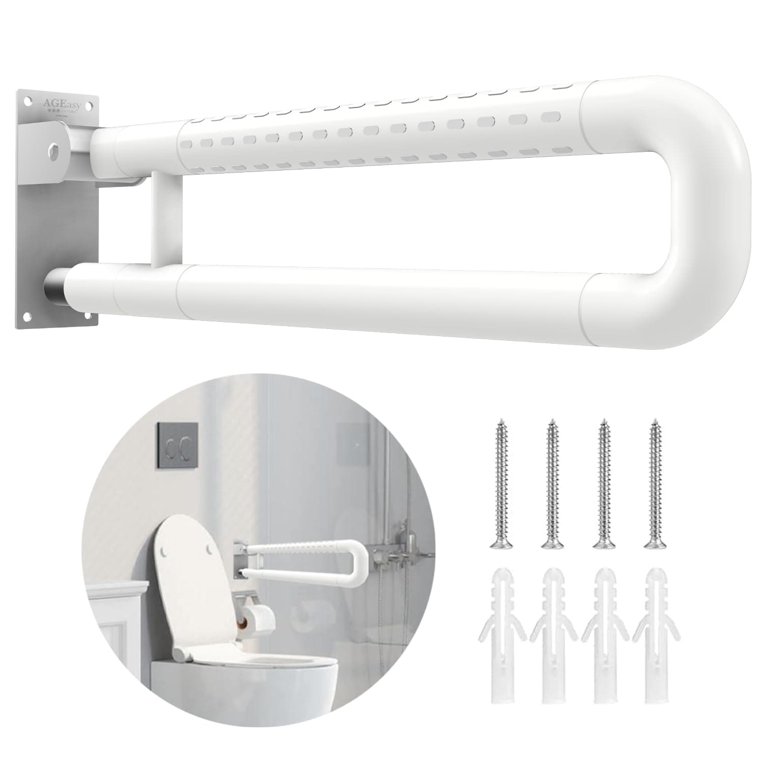 AGEasy (Max Group) Stainless Steel Flip-Up Grab Bar | 17 Inch Bathroom Handle for Seniors with Anti-Slip Nylon Grip | Space-Saving Safety Bar for Shower, Toilet & Bedside