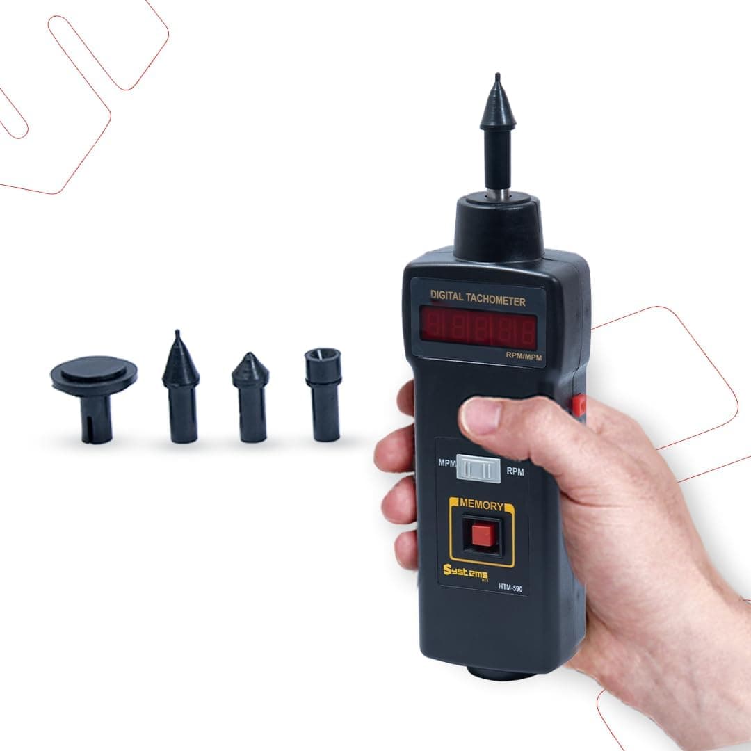 HTM-590 Contact Type Digital Tachometer - LED Red Display, Ideal for Industrial Applications, Accurate and Easy-to-Use RPM, Memory Recall, Best Battery Life, Low Battery Indicator, 1-sec Sampling Rate