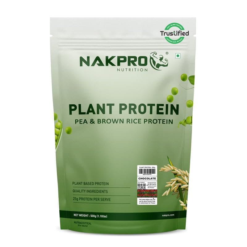NAKPRO NUTRITION Plant Protein (Pea & Brown Rice Protein) | 500g - Chocolate | 25.2g Protein | Trustified Certified | All Essential Amino Acids