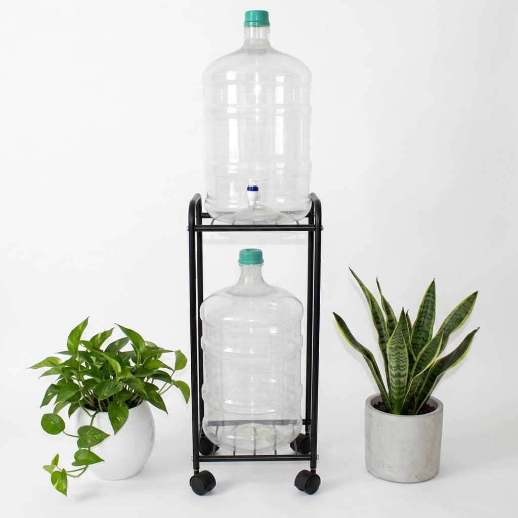 D&V Engineering 2-Tier Metal Water Dispenser Stand for 20L Bottle | Heavy-Duty Rust-Proof Rack with 360° Wheels | Space-Saving Storage for Home, Kitchen & Office | 74cm Height - Black