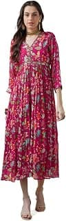 Soch Womens Fuchsia Chinon Floral Print Gathered Dress with Mirror Work