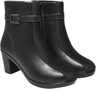 Shoetopia Women's Faux Leather Ankle Boots with Mid Heel and Buckle Strap || Side Zipper Comfort Booties for Fall & Winter