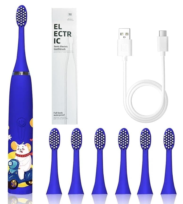 Bioline Kids Children Electric Automatic Toothbrush Kit With 6Brushes,4Modes Of Cleaning Bear Blue Cartoon Animals Tooth Cleaner Set OralCare Electric Toothbrush DentalTools For Age 3-15Years,1Piece