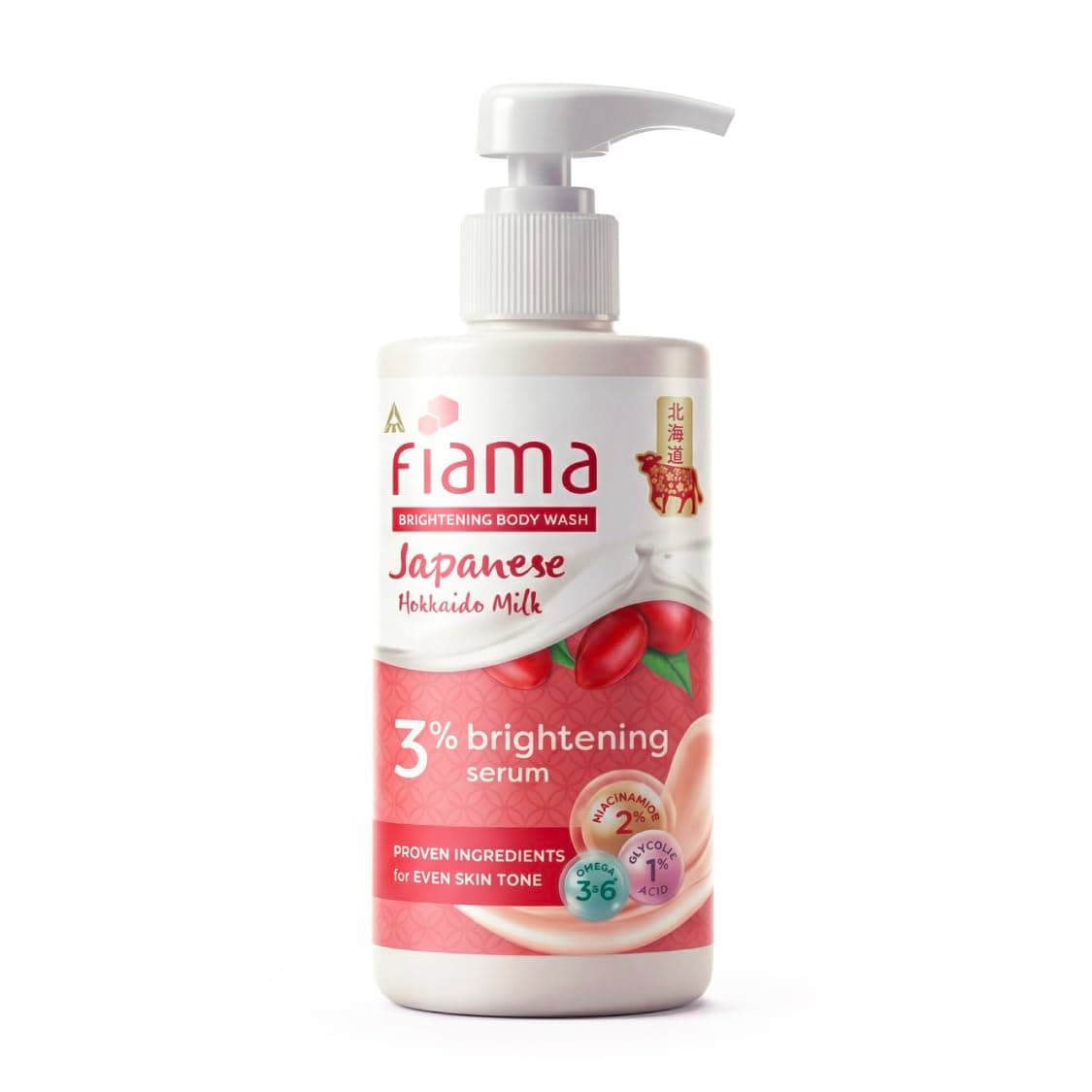 Fiama 3% Brightening Serum Body Wash 250ml | 2% Niacinamide, 1% Glycolic Acid, Omega 3 & 6 Fatty Acids Shower Gel, Fights Dullness & Evens Skin tone | Exotic Japanese Hokkaido Milk, Raspberry Smoothie Fragrance
