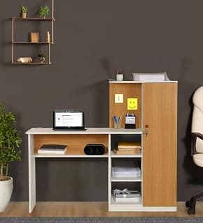 Mintwud Pepperfry Solid Engineered Wood Maya Study Table | Wooden Computer Desk with Storage Shelves & Closed Cabinet | Ideal Furniture for Study, Bedroom, Home Office (White & Teak)