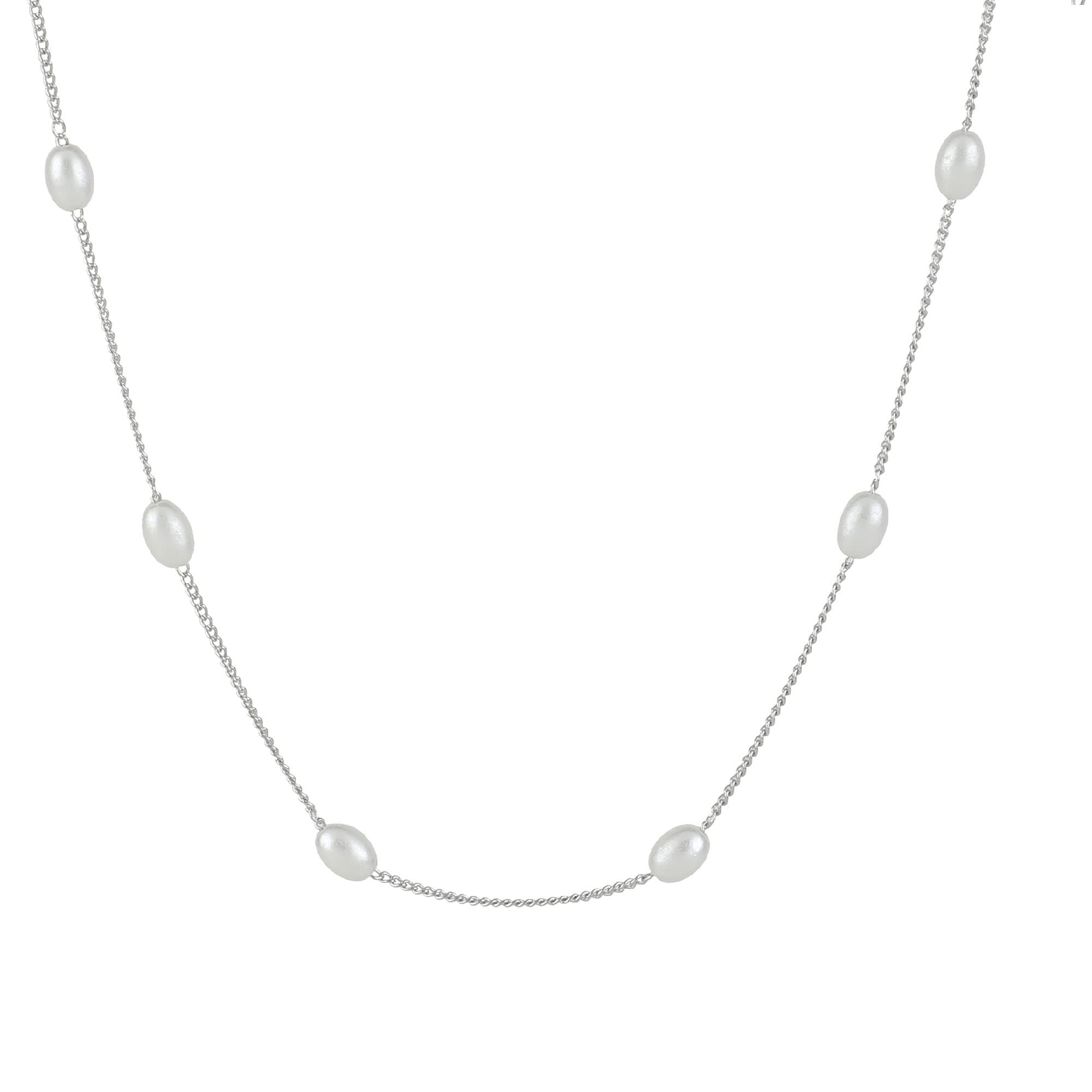 Aaishwarya Dainty Oval Pearls Silver Plated Alloy Short Chain Necklace | For Women and Girls, Pearl Jewelry, Stylish Gift, Minimal Accessory
