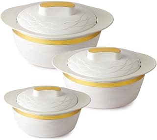 CELLO Gold Crust Insulated Casserole Set of 3, (500ml, 1000ml, 1500ml) White | Double Walled, PU Insulated | Hot Pot Case Keeps Food Fresh & Hot for Long Hours | Casserole Set for Roti, Chapati, Rice