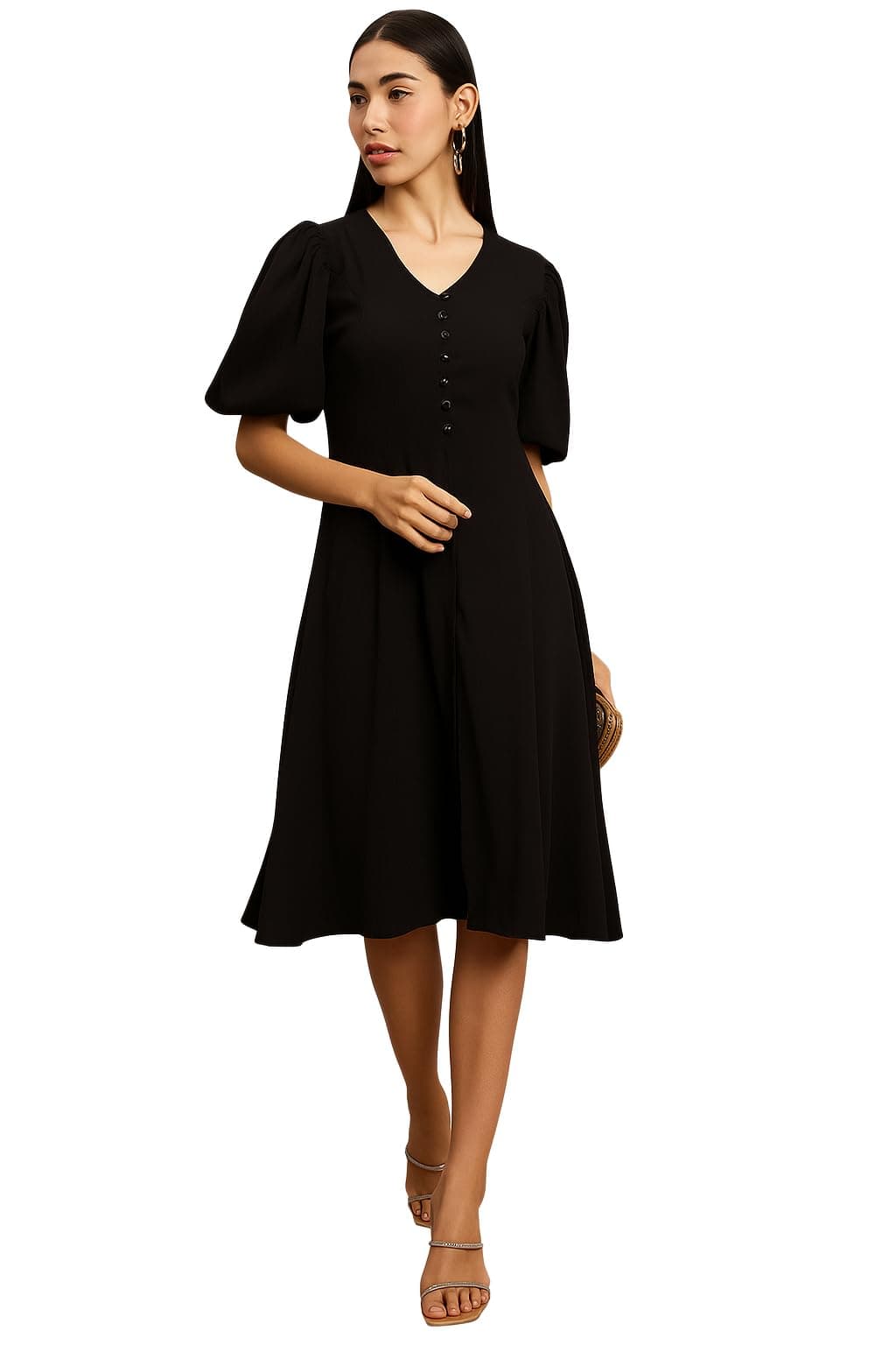 Amazon Brand - INKAST Women A-Line Midi Dress | Puff Sleeves | Perfect for Casual and Semi-Formal Occasions