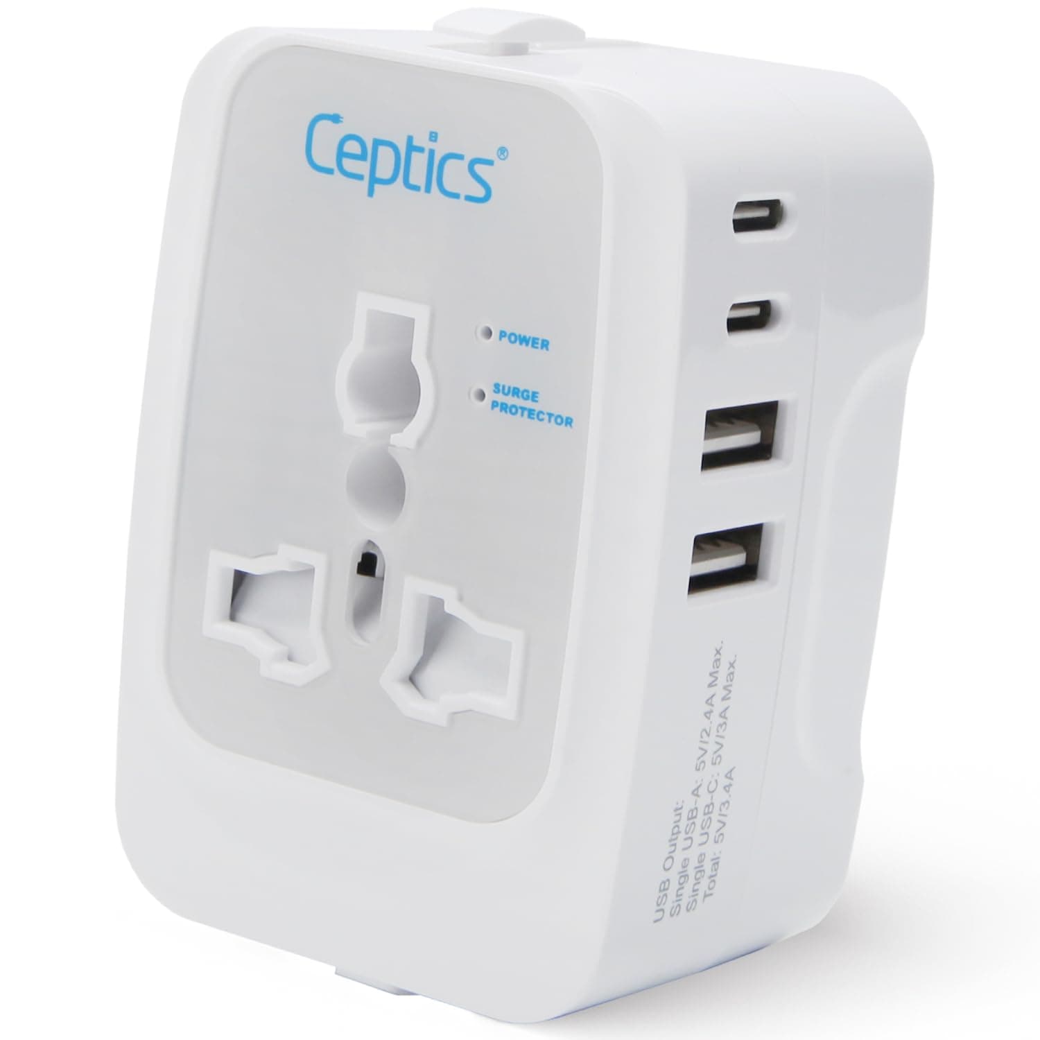 Ceptics Universal Charger Adapter, 5 in 1 Universal Travel Adapter with Type C, 17W Universal Travel Adapter All in One, Universal Travel Essentials with 2 USB A, 2 USB-C 3.4A Universal Adaptor, White