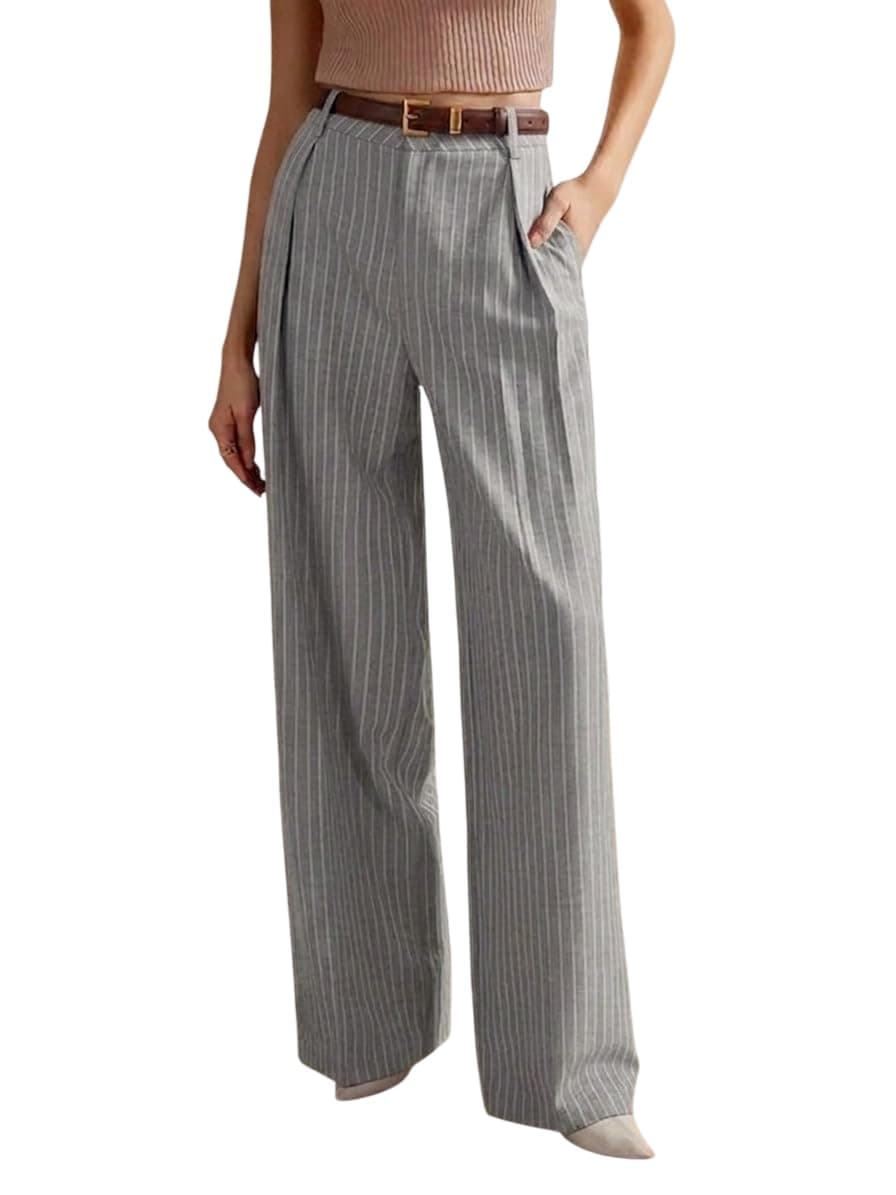 KOTTY Women’s Tailored Wide Leg Pinstripe Pants – High Waisted Straight Fit Work Trousers with Pockets, Elegant Office & Business Casual Wear