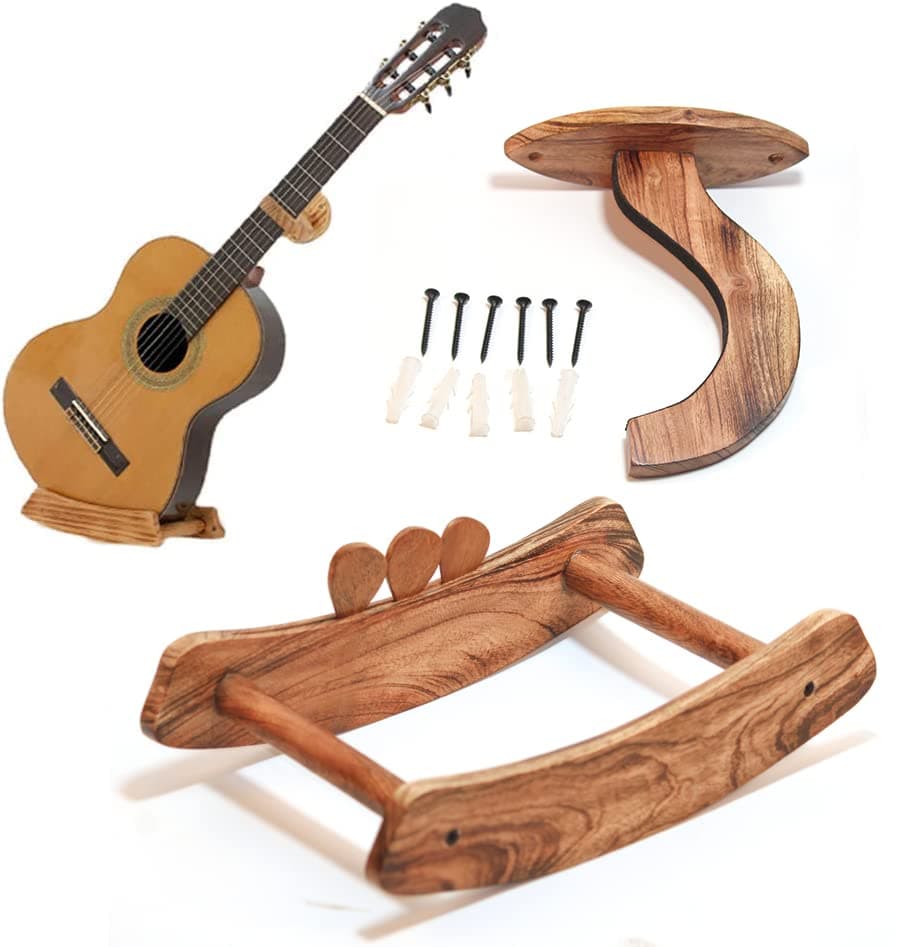 ARTIST INTERNATIONAL Guitar Wall Mount Guitar Holder Wall Mount Wood Hanging Bracket Bass Mount with Pick Holder, Guitar Accessories Storage Shelf for Music Room Living Room