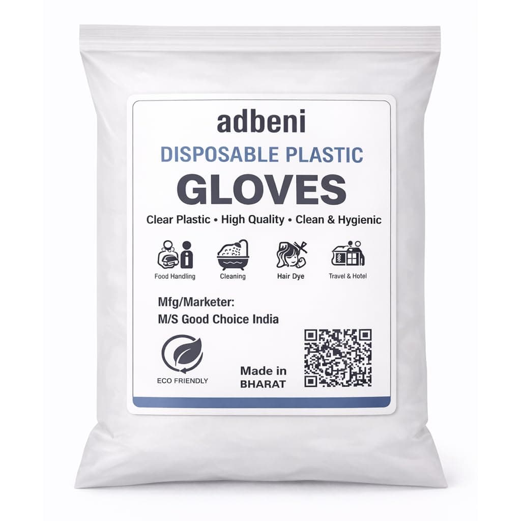 adbeni Disposable Hand Gloves | Transparent & Waterproof | Premium | Clear Plastic PE for Kitchen, Food Handling, Cleaning, Hair Dye, Salon, Multipurpose Use | Powder-Free | Pack of 100 Pcs