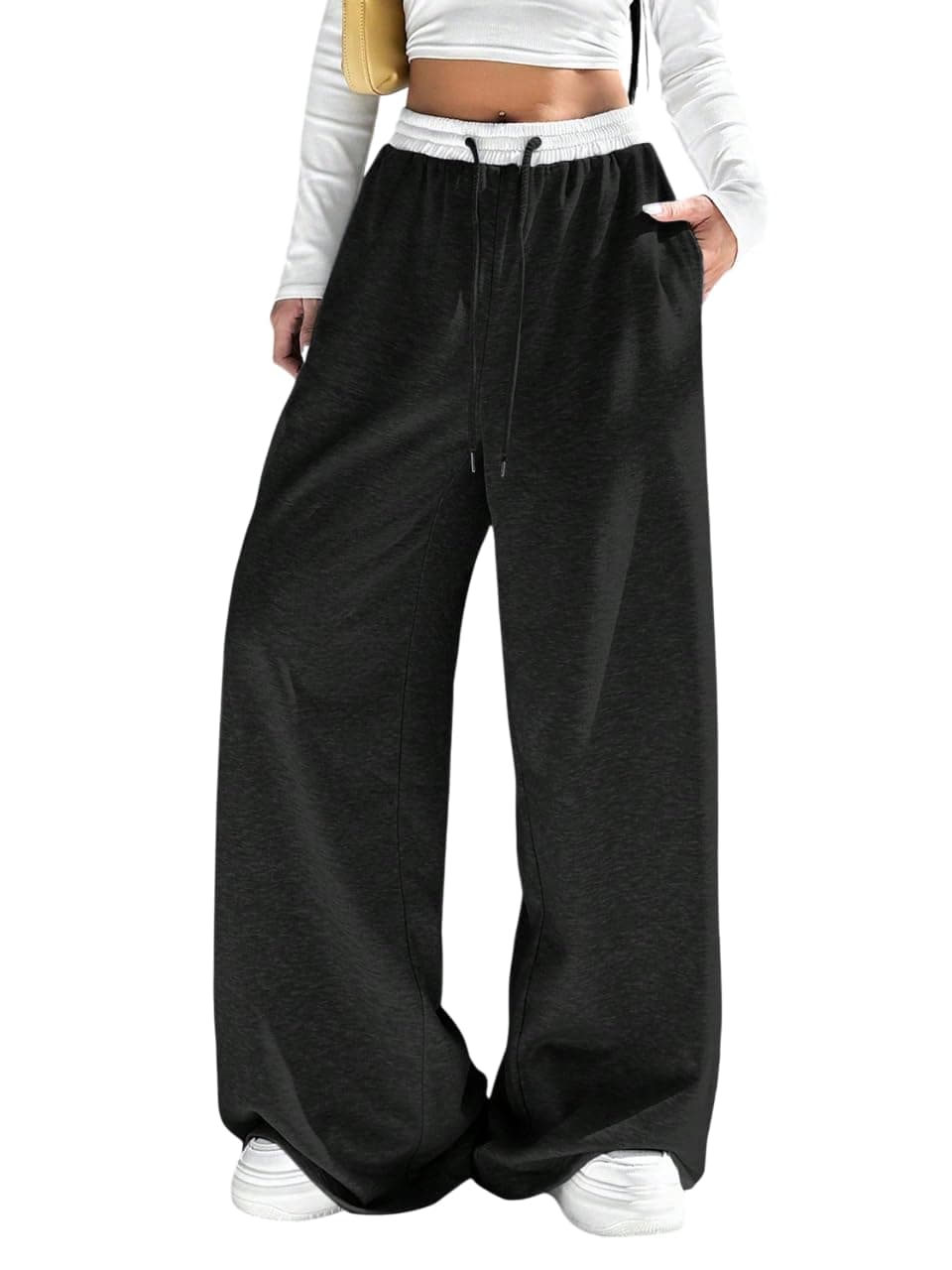 dockstreet Straight Long Length Trouser Style Drawstring Contrast Belt Black and White Trackpant for Women/Trending, Relaxed Casual Lowers for Women