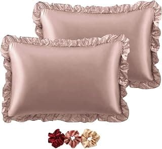 GO WELL Ruffle Satin Pillowcase for Hair and Skin, Standard Size Satin Pillow Covers Silky Pillow Cases Set of 2, Satin Ruffled Pillowcase with Envelope Closure,Silk Pillow case(Rose Taupe) 1000TC
