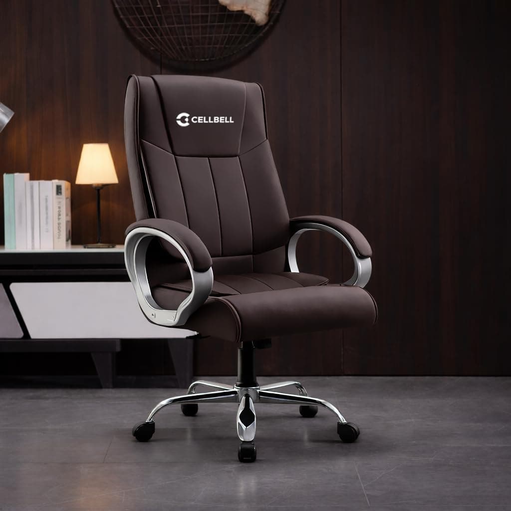 CELLBELL BossPro Fabric Office Chair High Back Ergonomic Executive Boss Chair with Memory Foam Cushion Lumbar Support Chrome Base Hydraulic Tilt Rocking Function 120kg Capacity (Brown)