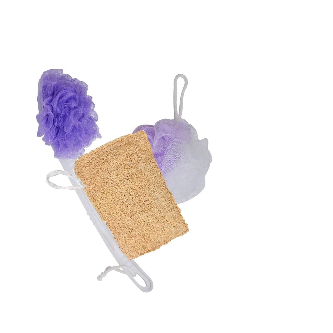 RUNA Blue Wash Soft Round Loofah|100% Sun Dried Natural Loofah(Rectangle Shape)|Back Loofah with Long Handle -Bathing For Women,Girls,Men(Combo of 3) Colour (Purple)