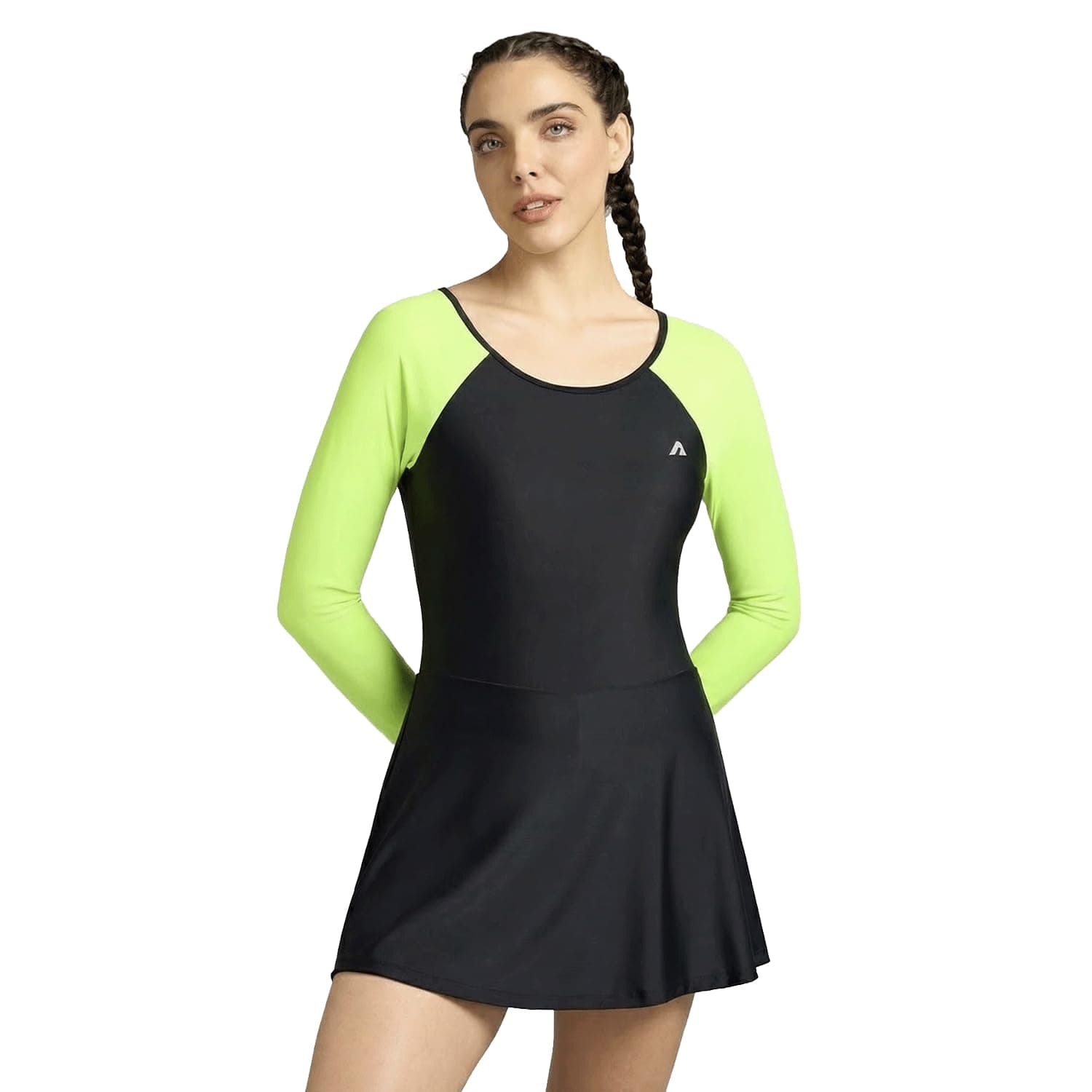 Boldfit Swimming Suit for Women One Piece Swim Suit Set for Woman Knee Length Swimming Costume for Women Stretchable Swimwear Ladies Swimsuit Flexible Fit Swim Dress for Woman Black Green, XS