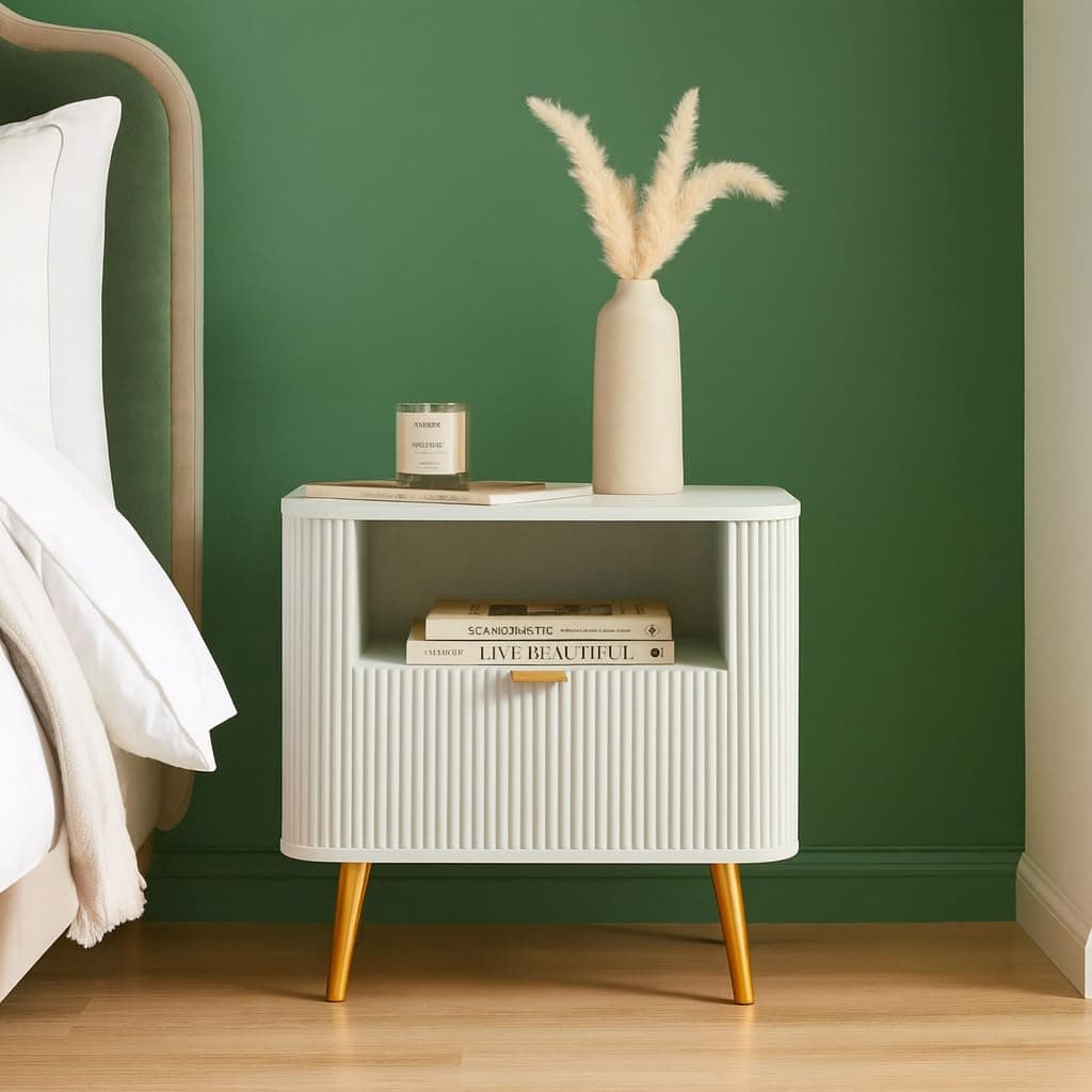 GCA1 WOODZONE Wooden Bedside Table for Bedroom | Bed Side Table Nightstand with Drawer & Open Shelf|Side Table End Table for Living Room, Home & Hotel | Modern Nightstand with Metal Legs (White)