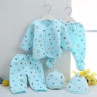 GURU KRIPA BABY PRODUCTS GURU KRIPA BABY PRODUCTS Newborn Winter Wear Keep Warm Cartoon Printed Clothes Cotton Fleece Suit Infant Clothes 5 Pcs Sets Blue For 0-3 Months