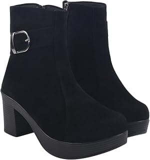 Shoetopia Women’s Ankle Boots with Block Heel and Side Zipper – Stylish Suede Finish Booties with Buckle Detail, Comfortable Everyday Footwear