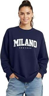 LEOTUDE Women's Boyfriend/Loose Fit Full Sleeve Drop Shoulder Loopknit Round Neck Sweatshirt (Color Navy)
