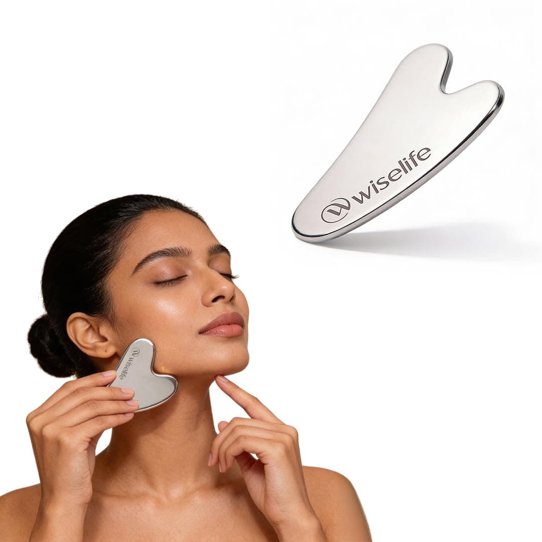 Wiselife Face Care Combo – Facial Cleansing Brush, Stainless Steel Gua Sha & Kansa Wand Massager | Skincare Massage Kit for Face, Neck & Body | Facial Glow, Deep Cleansing & Relaxation Tool Set (Gua Sha)