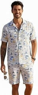 Zilcon Men's Matching Set Summer Beach 2 Piece Outfits Floral and Palms Button Down Shirts and Shorts Goa Vacation Outfits
