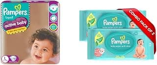 Pampers Active Baby Taped Diapers, Large size diapers, (L) 78 count, taped style custom fit & Pampers Baby Gentle Wet Wipes with Aloe Vera 144 Wipes