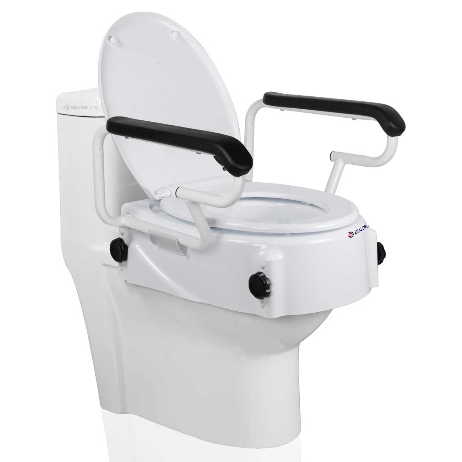 DIALDRCARE Elevated Portable Raised Toilet Seat With Padded Arms Elongated Bathroom Safety Toilet Seat, White